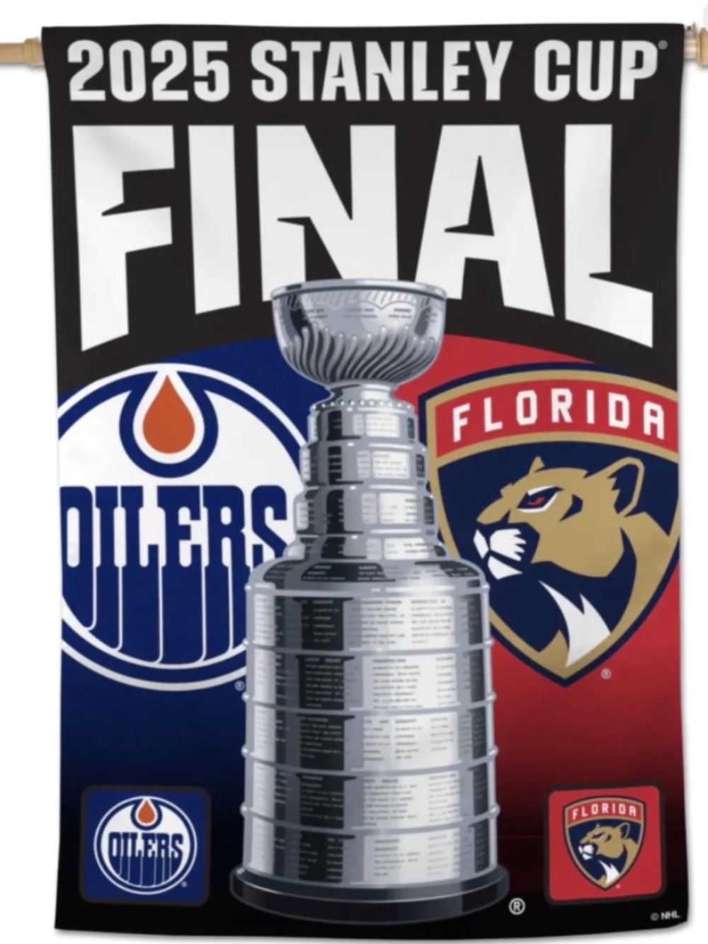 Banner 2025 Stanley Cup Finals Vertical Oilers vs Panthers NHL Hockey